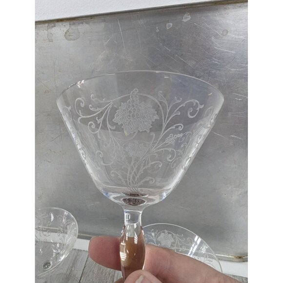 Vintage Etched Champagne Glasses Set 3 Fostoria Woodland Circa 1922 Tall Sherbet - Picture 3 of 5